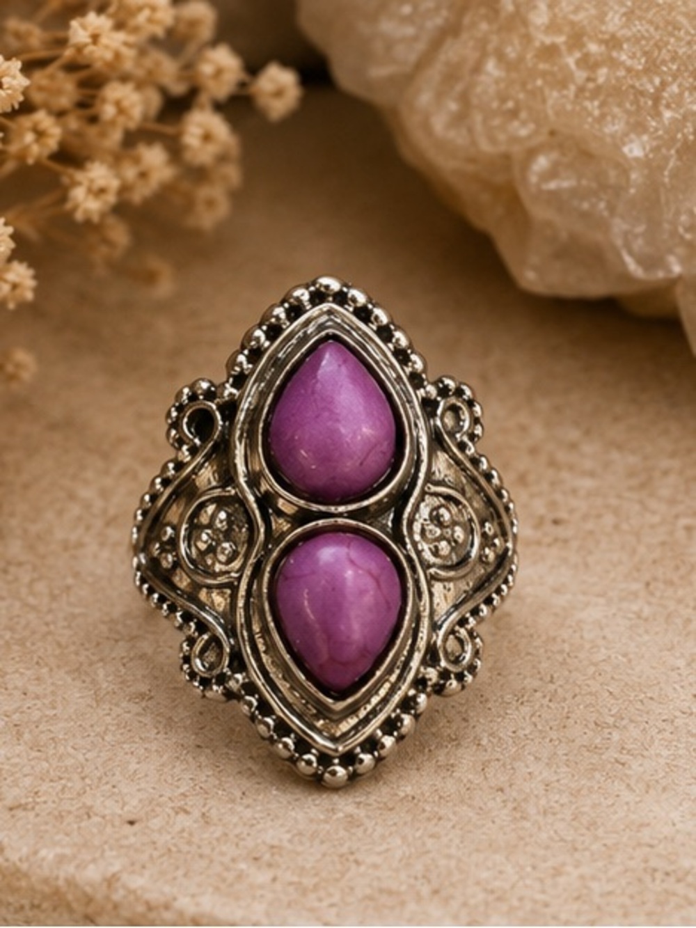 Vintage Boho Purple Double Teardrop Statement Ring Silver Tone
